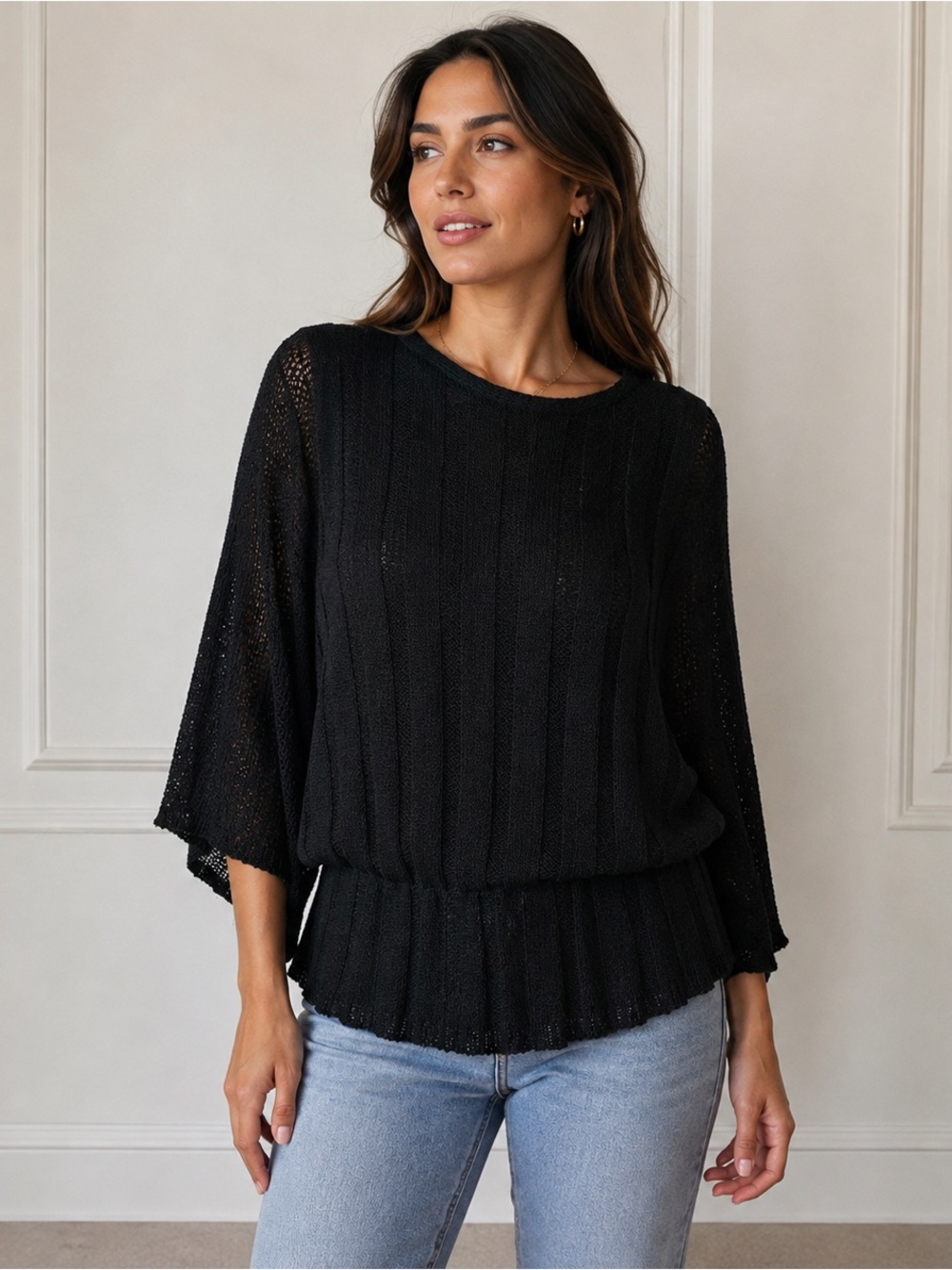 VTG Missoni Black Knit Women's Top Batwing Textured Pullover